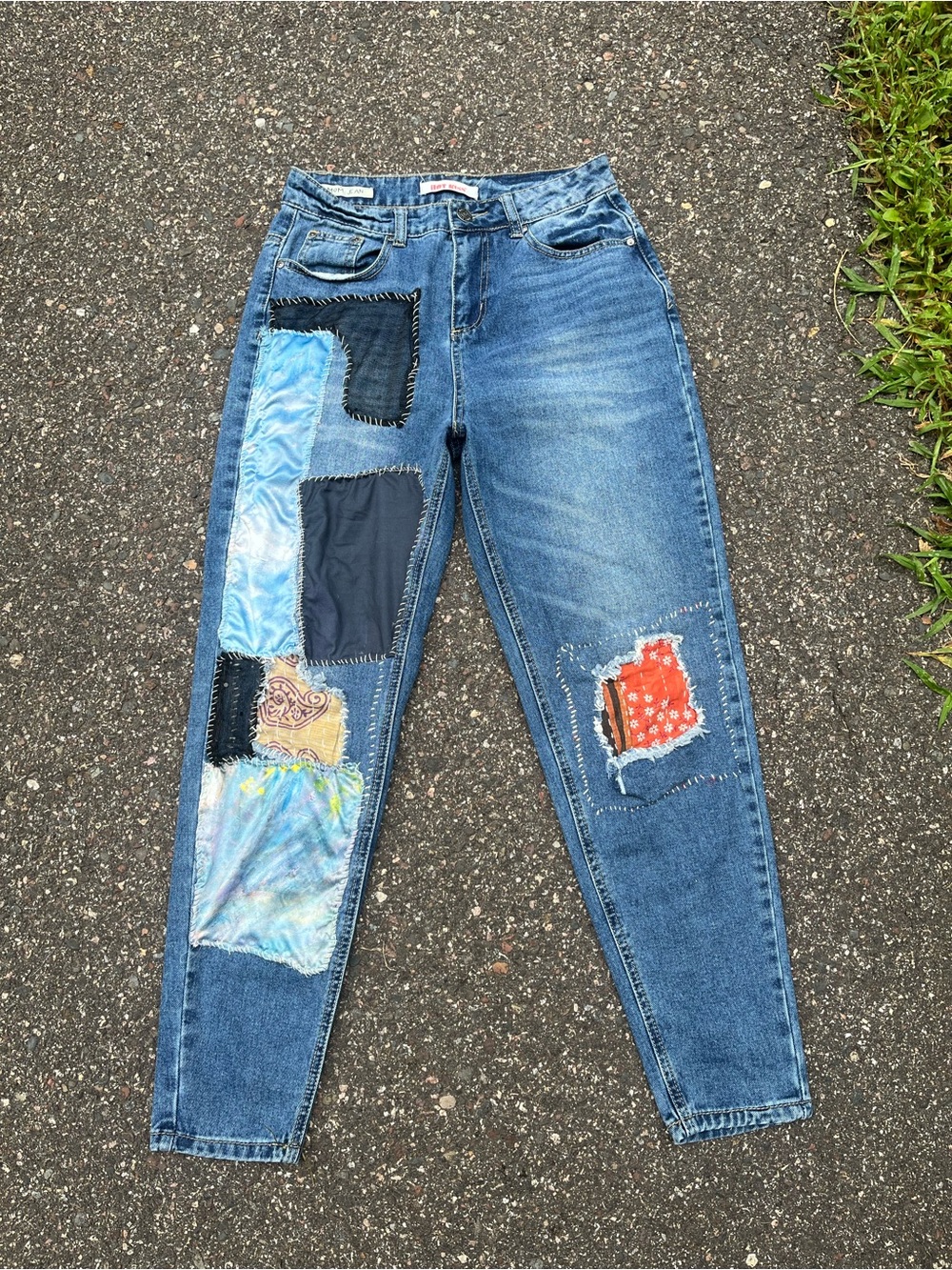 OOAK reworked Hot Kiss Women's Blue Skinny Jeans with Multicolor Patchwork